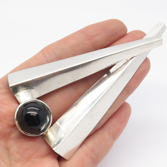 925 Sterling Silver Vintage Real Black Onyx Gemstone Modernist Pin Brooch