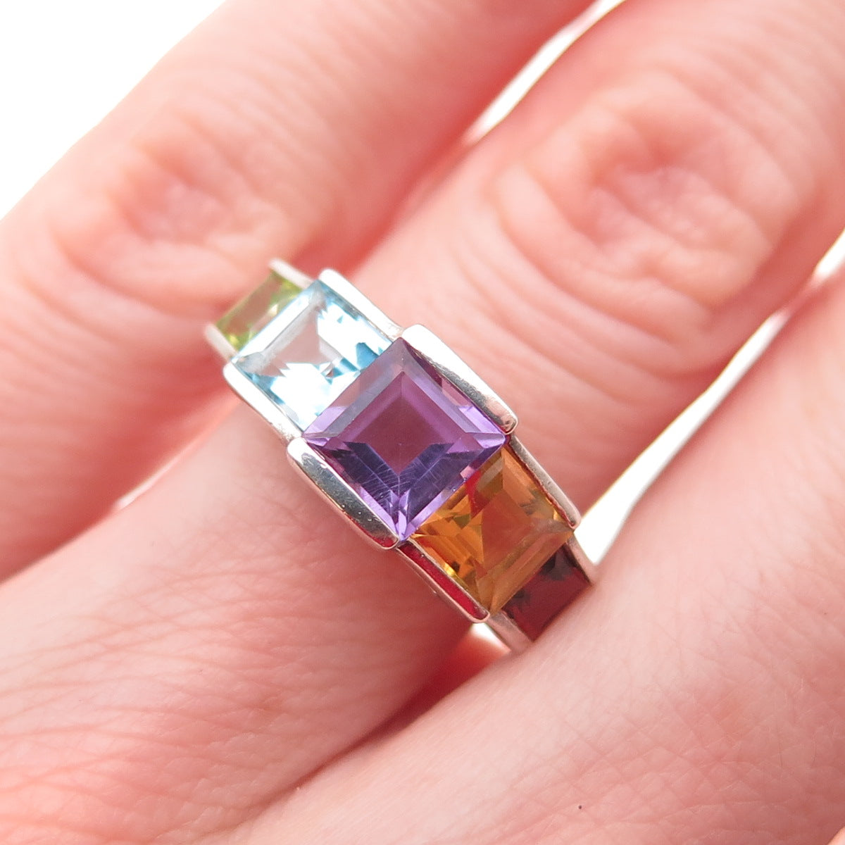 925 Sterling Vintage Real Amethyst Blue Topaz Peridot Citrine Garnet Ring Size 6