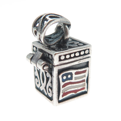 925 Sterling Silver Vintage Enamel US Flag Box Oxidized Minimalist Charm Pendant