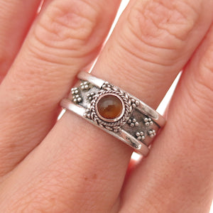 925 Sterling Silver Vintage Real Amber Granulated Oxidized Band Ring Size 8.75