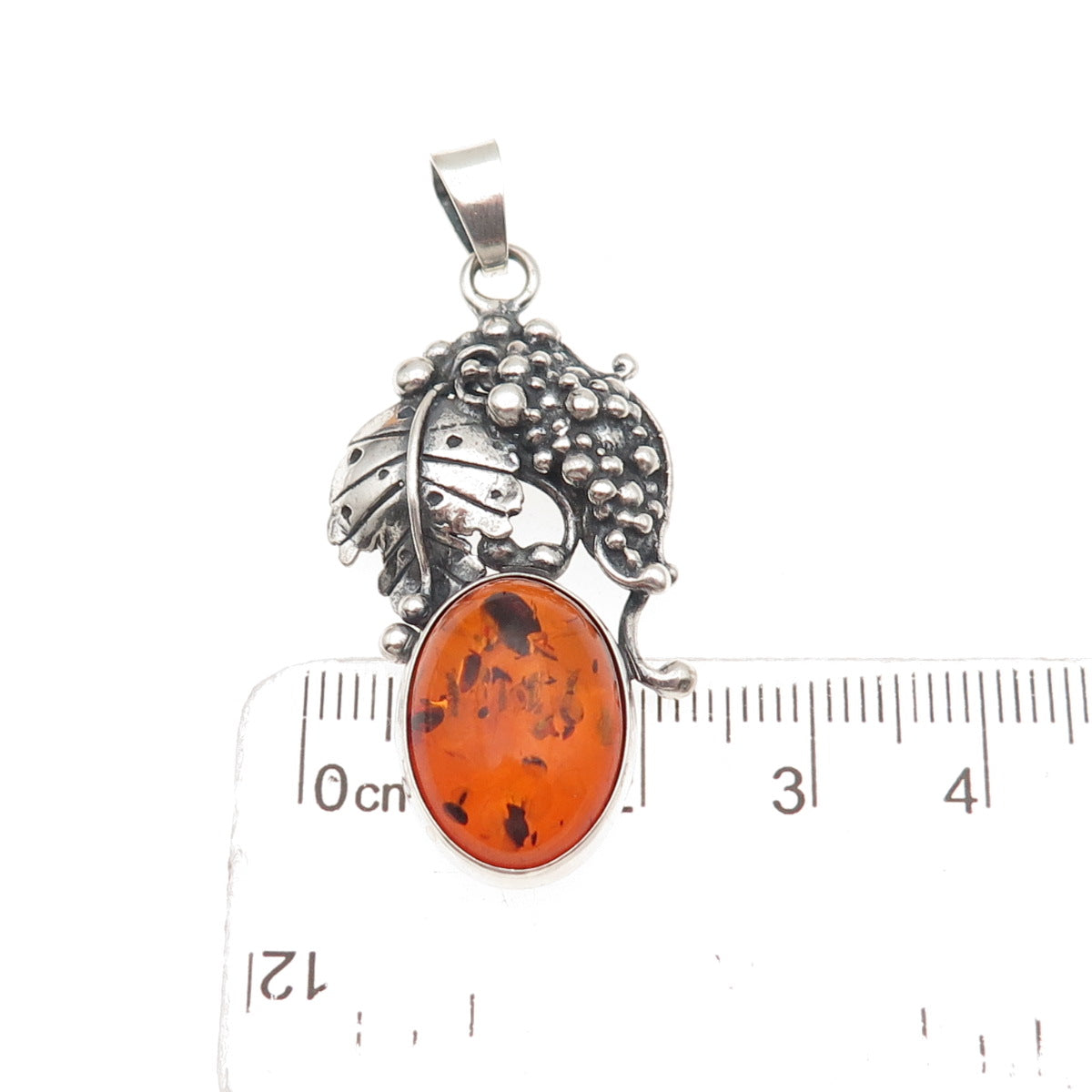 925 Sterling Silver Vintage Real Amber Grape Floral Oxidized Charm Pendant