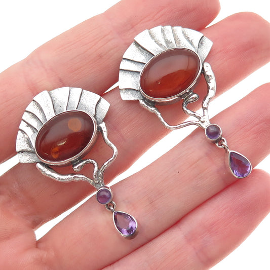 Michou 925 Sterling Silver Vintage Real Amber & Amethyst Modernist Earrings