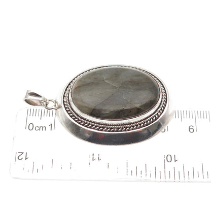 925 Sterling Silver Vintage Real Cabochon Labradorite Roped Pendant