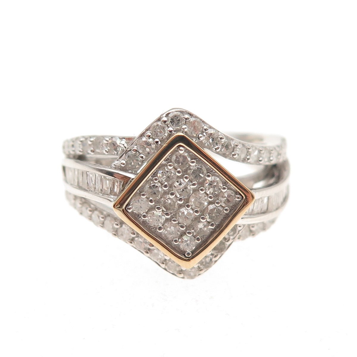 925 Sterling 14K Gold Real Round & Tapered Baguette-Cut Diamond Ring Size 7