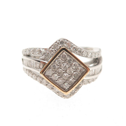 925 Sterling 14K Gold Real Round & Tapered Baguette-Cut Diamond Ring Size 7