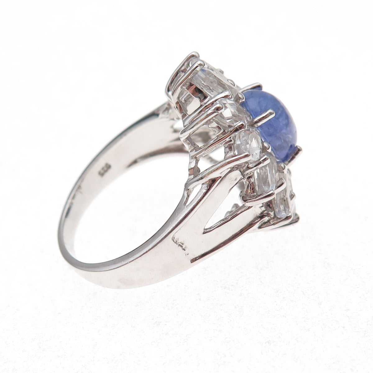 925 Sterling Silver Real Tanzanite & White Topaz Floral Ring Size 8