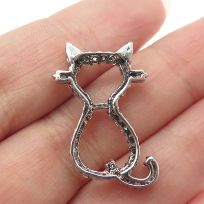 925 Sterling Silver Round-Cut Shaped C Z Cat / Kitty Modernist Slide Pendant