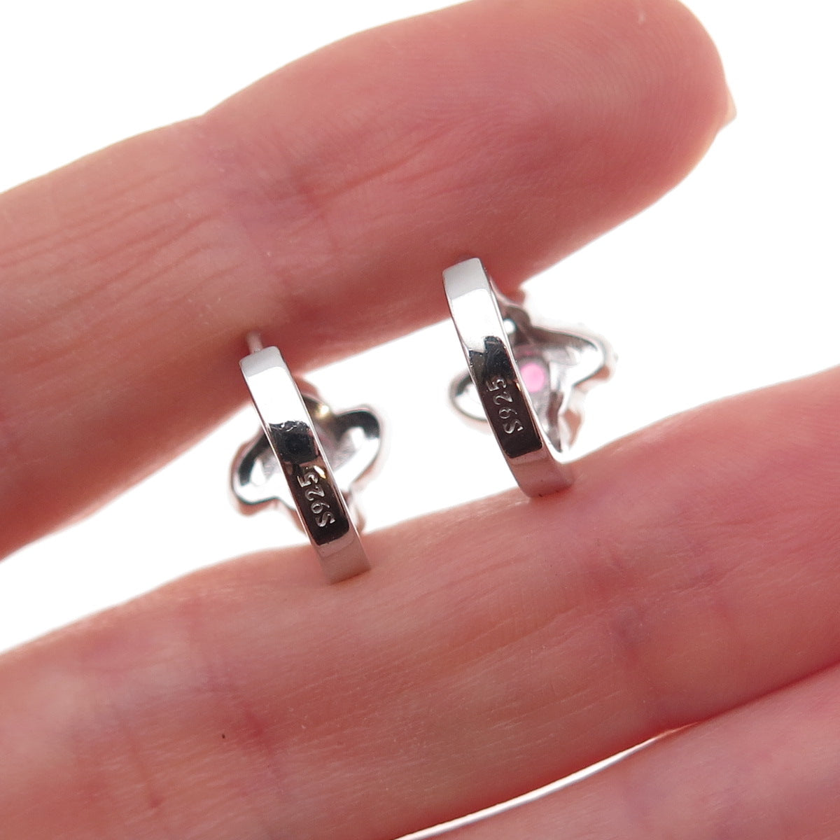 925 Sterling Silver Pink & White C Z Floral Hoop Earrings