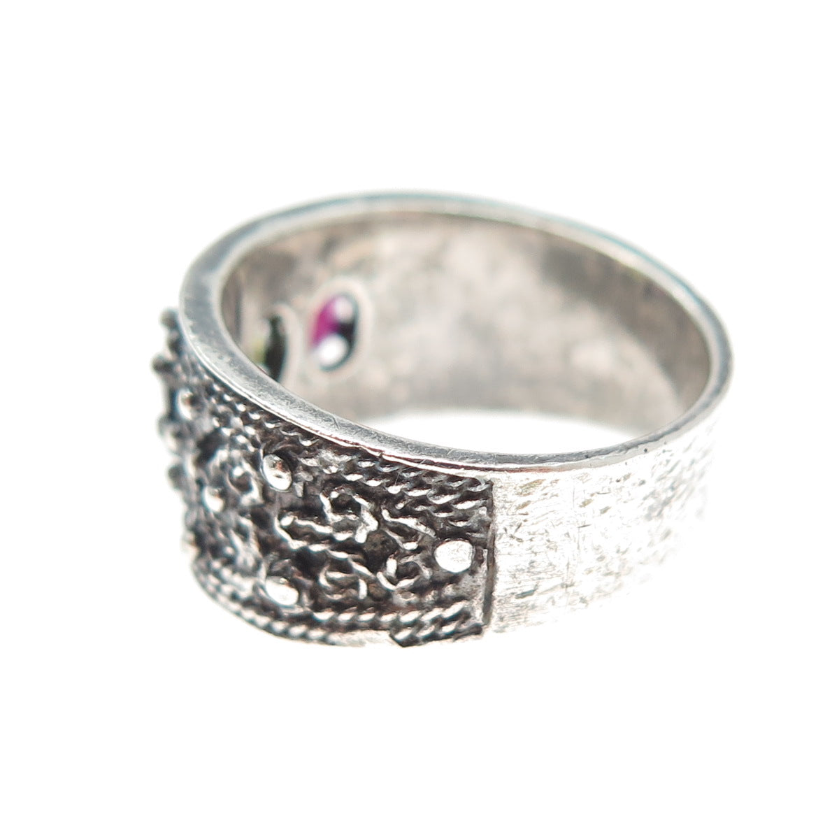 925 Sterling Silver Vintage Real Garnet Peridot Amethyst Oxidized Ring Size 6.5