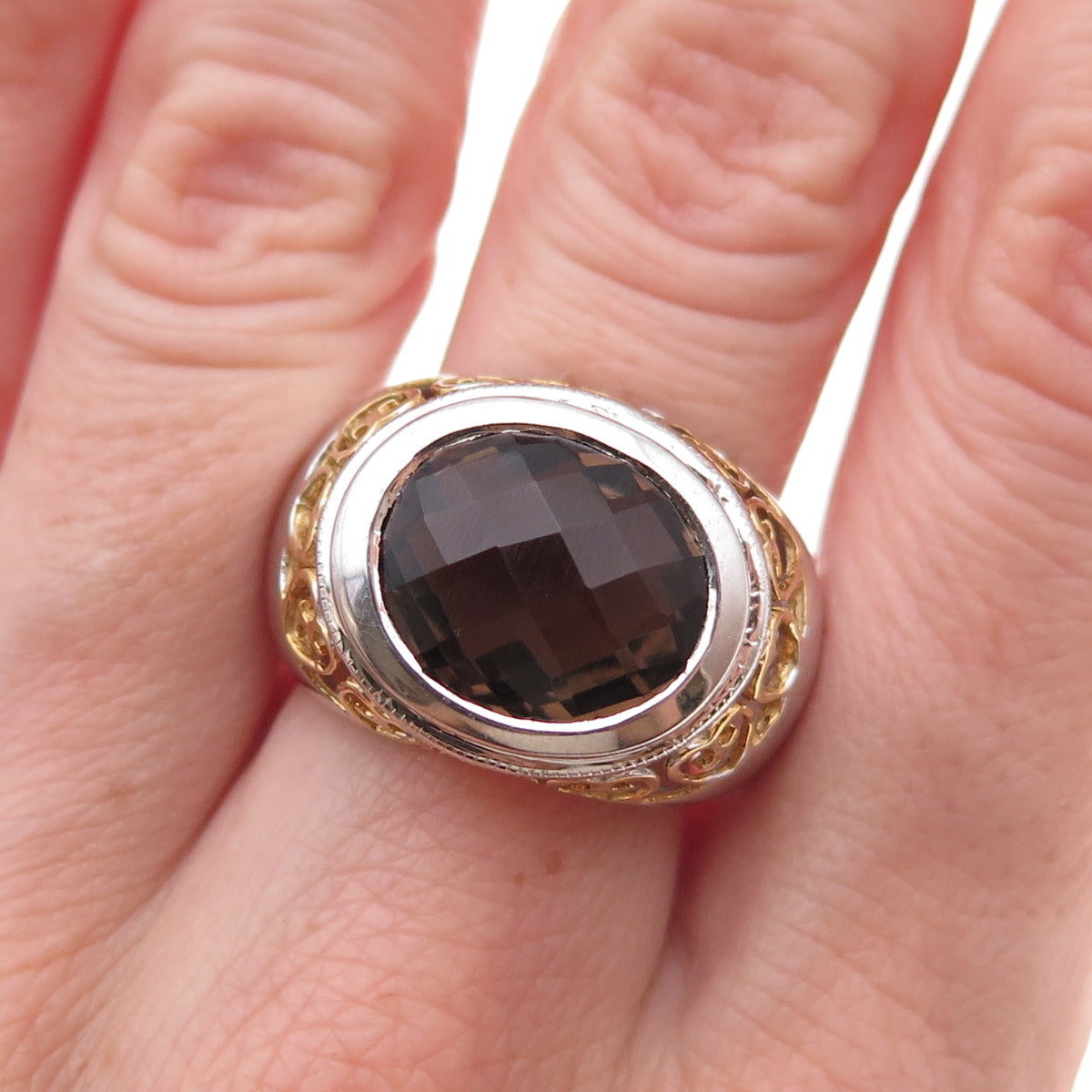 925 Sterling Silver 2-Tone Real Smoky Quartz Heart Ornate Ring Size 8.25