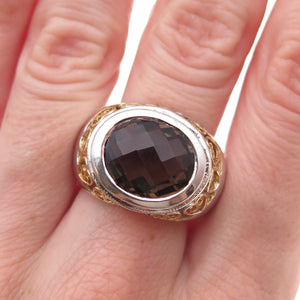 925 Sterling Silver 2-Tone Real Smoky Quartz Heart Ornate Ring Size 8.25