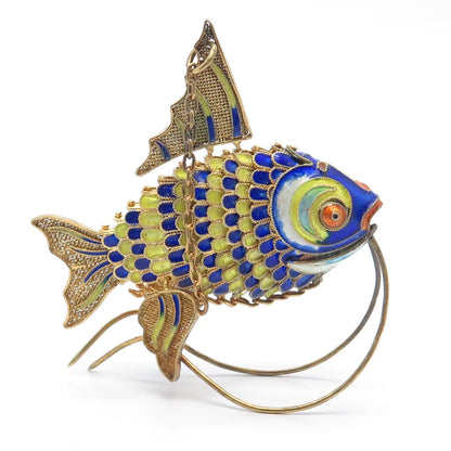 925 Sterling Silver Gold Plated Antique Enamel Chinese Koi Fish Articulated Fob