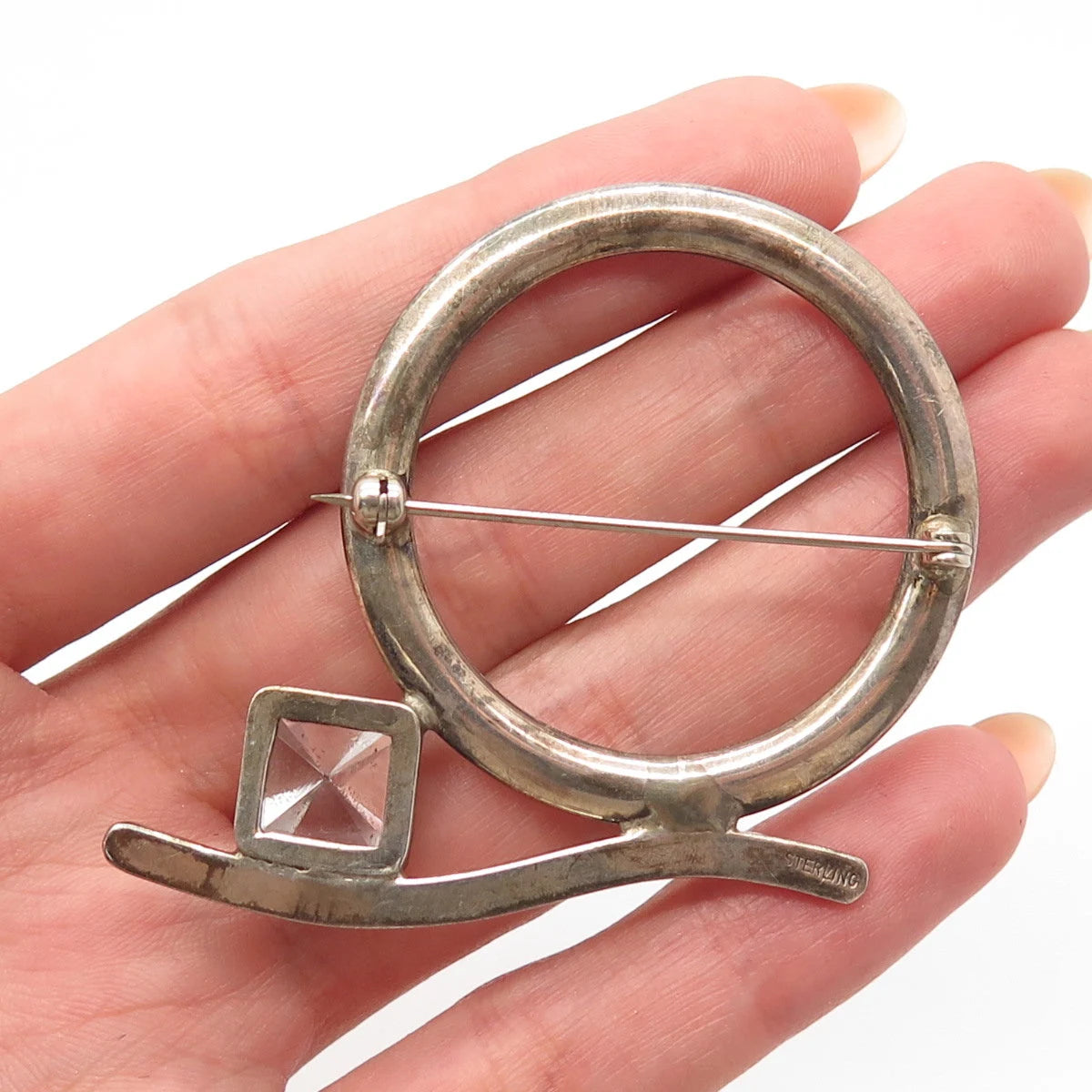 925 Sterling Silver Vintage Clear Glass Modernist Pin Brooch