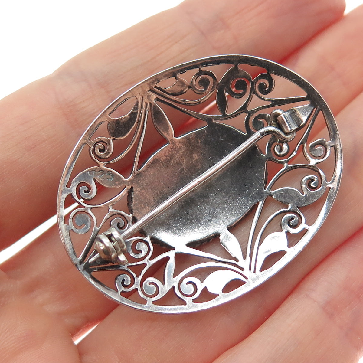 925 Sterling Silver Vintage Real Black Onyx Modernist Floral Oxidized Pin Brooch