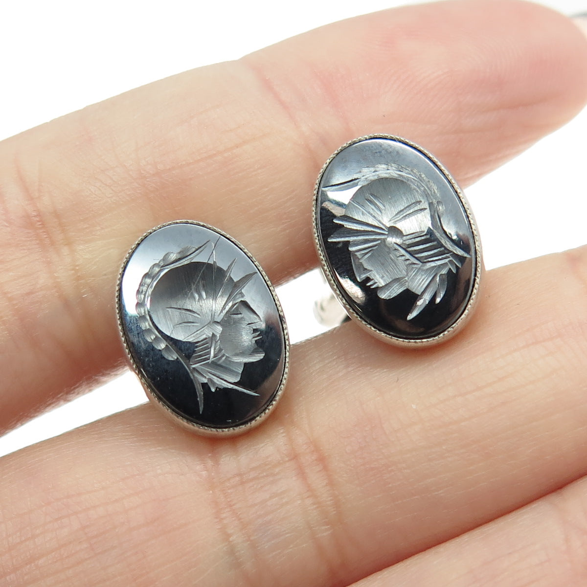 925 Sterling Silver Vintage Real Carved Hematite Roman Soldier Cufflinks