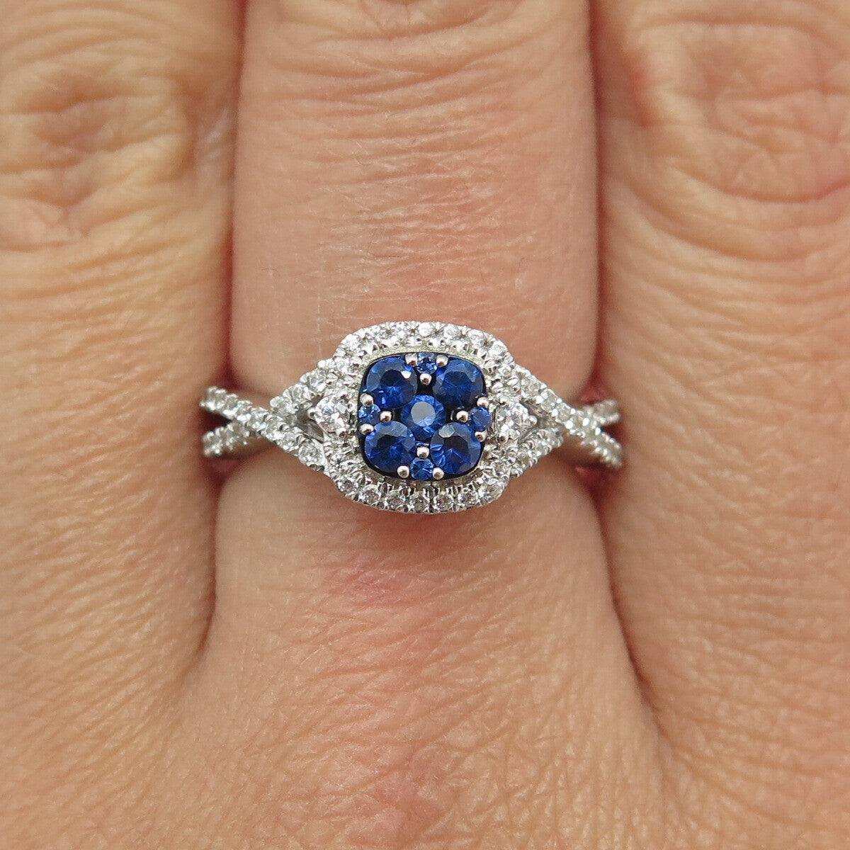 925 Sterling Silver Round-Cut Lab-Created Sapphire & C Z Ring Size 7