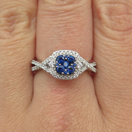 925 Sterling Silver Round-Cut Lab-Created Sapphire & C Z Ring Size 7