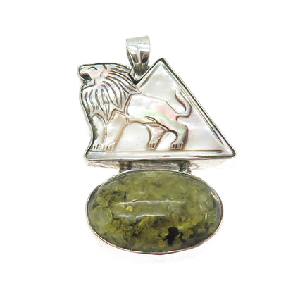 925 Sterling Silver Vintage Southwestern Abalone Shell Green Amber Lion Pendant