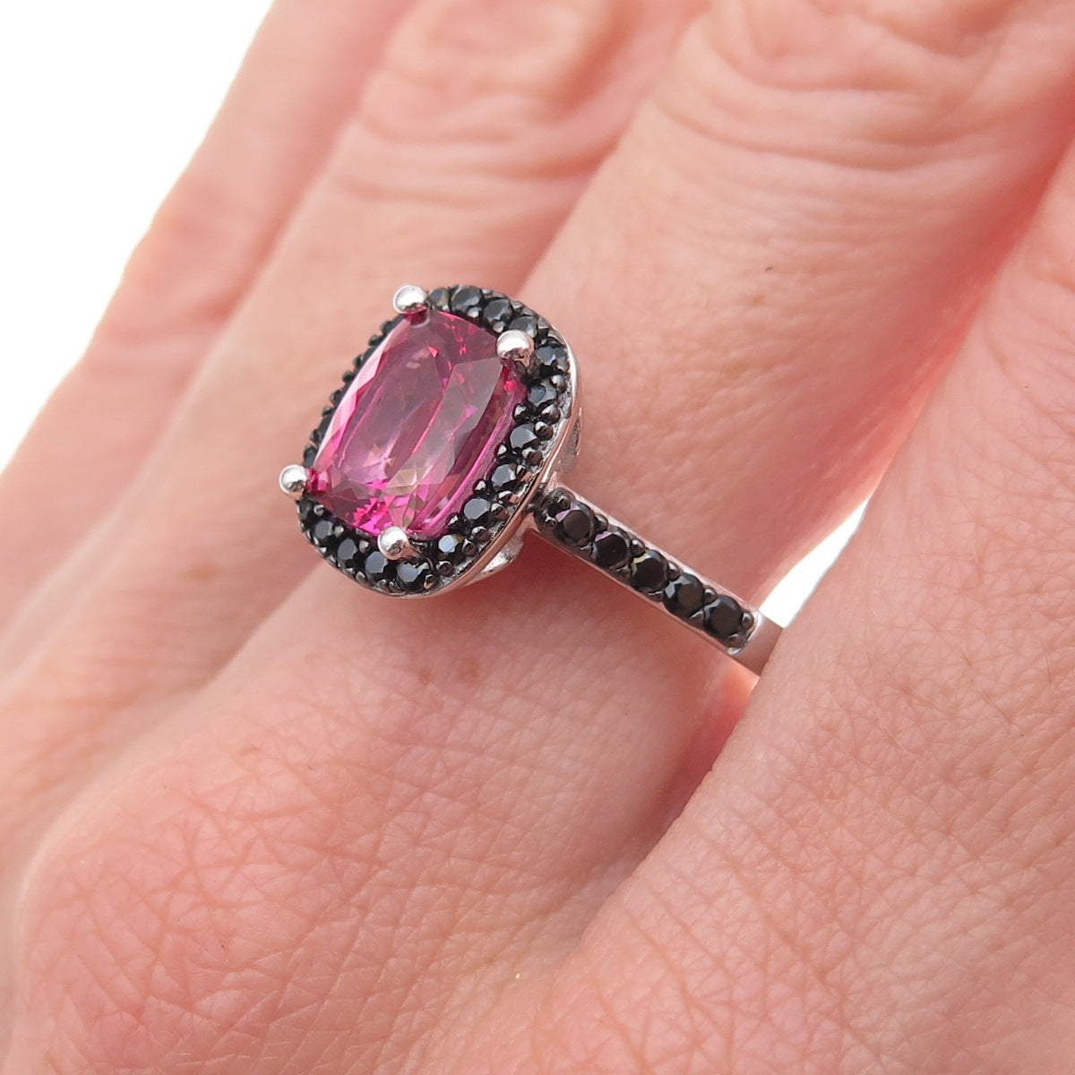 925 Sterling Silver Real Pink Tourmaline & Black Spinel Ring Size 12