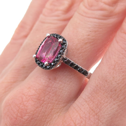 925 Sterling Silver Real Pink Tourmaline & Black Spinel Ring Size 12