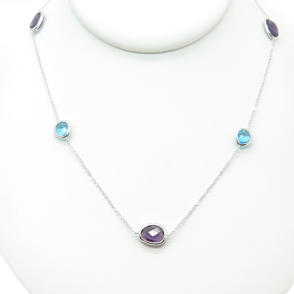 925 Sterling Silver Real Blue Topaz & Amethyst By The Yard Chain Necklace 22-24"