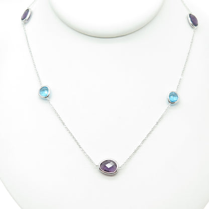 925 Sterling Silver Real Blue Topaz & Amethyst By The Yard Chain Necklace 22-24"