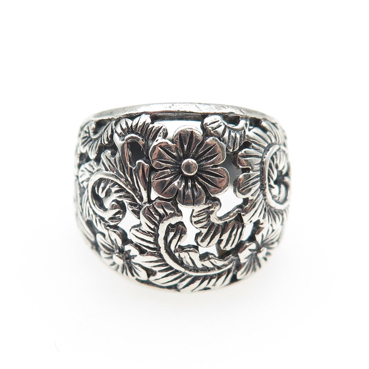 CFJ Collins Fine 925 Sterling Silver Vintage Flower Oxidized Ring Size 6.75