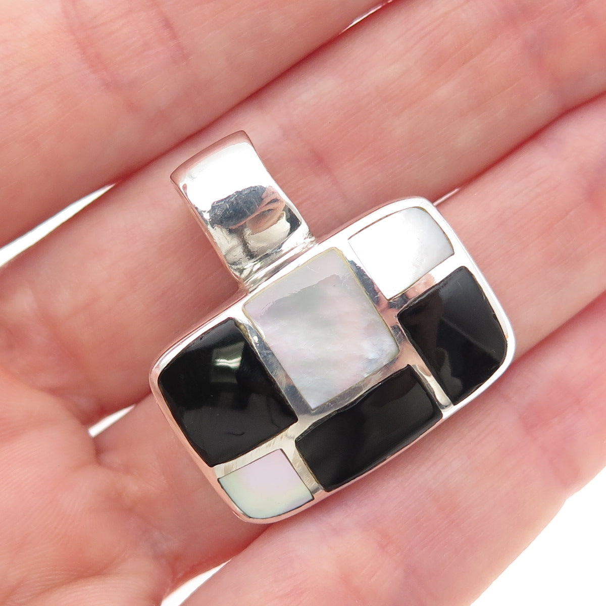 SX Sally C 925 Sterling Silver Vintage Real Black Onyx & MOP Charm Pendant