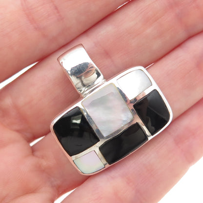 SX Sally C 925 Sterling Silver Vintage Real Black Onyx & MOP Charm Pendant