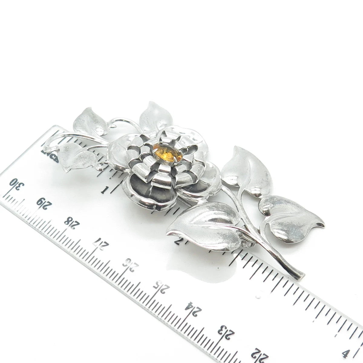 925 Sterling Silver Antique Art Deco Yellow Rhinestone Floral Pin Brooch