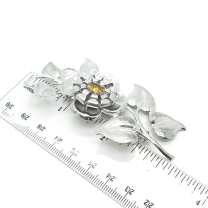 925 Sterling Silver Antique Art Deco Yellow Rhinestone Floral Pin Brooch