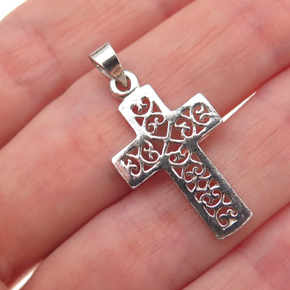 925 Sterling Silver Vintage Heart Ornate Cross Charm Pendant