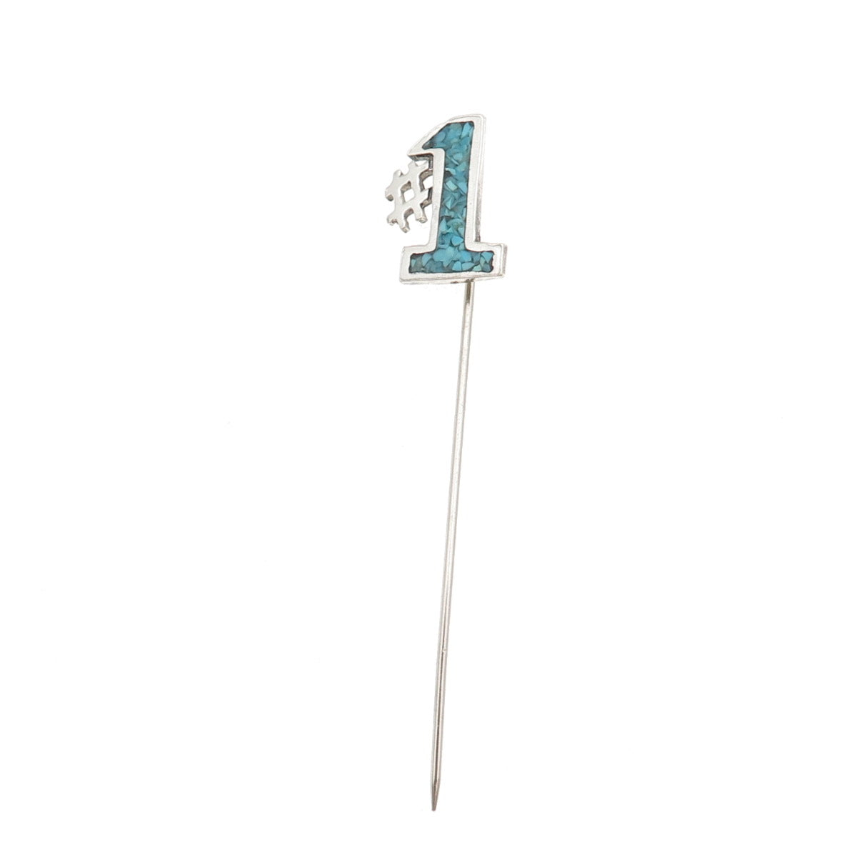 Old Pawn 925 Sterling Silver Vintage Turquoise Inlay Number 1 Tribal Lapel Pin