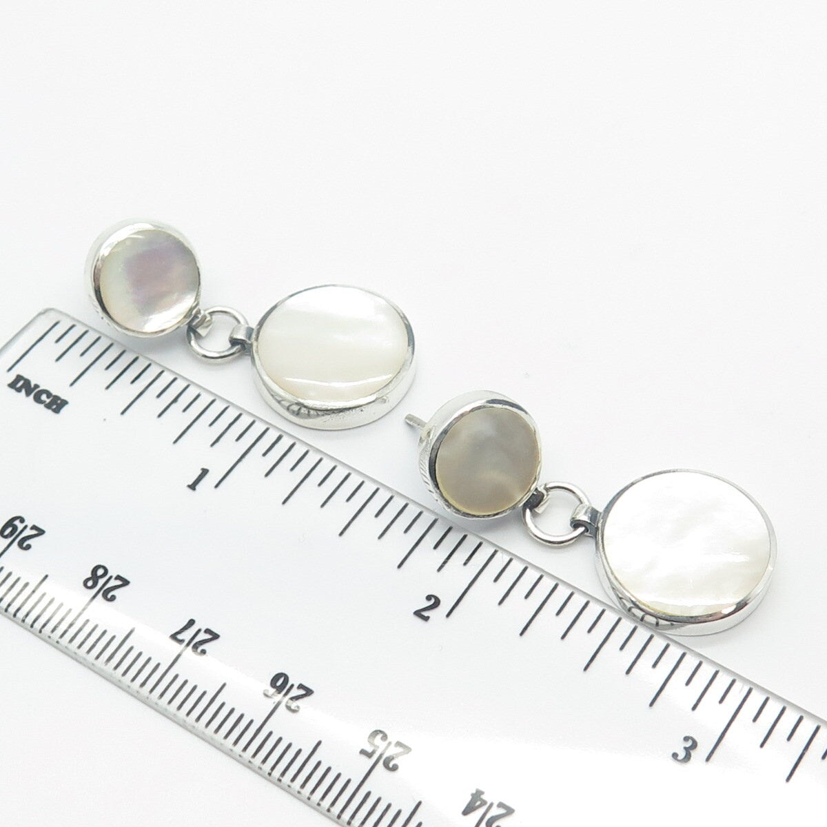 925 Sterling Silver Vintage Real Mother-Of-Pearl Round Dangling Earrings