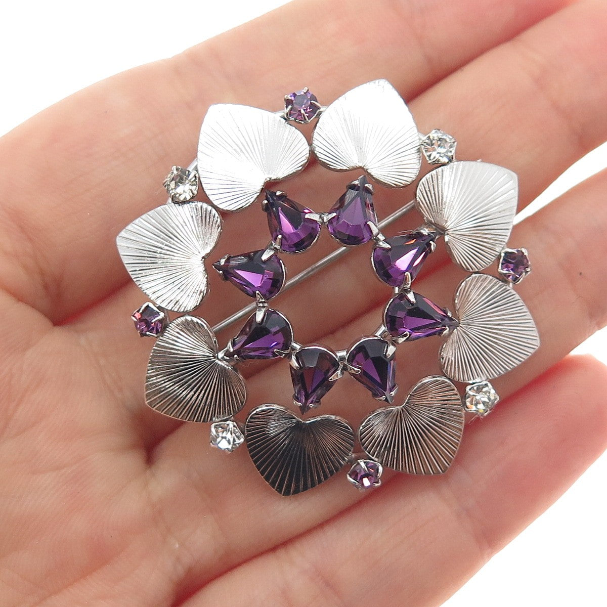 CARL ART 925 Sterling Silver Vintage Purple Rhinestone Heart Flower Pin Brooch