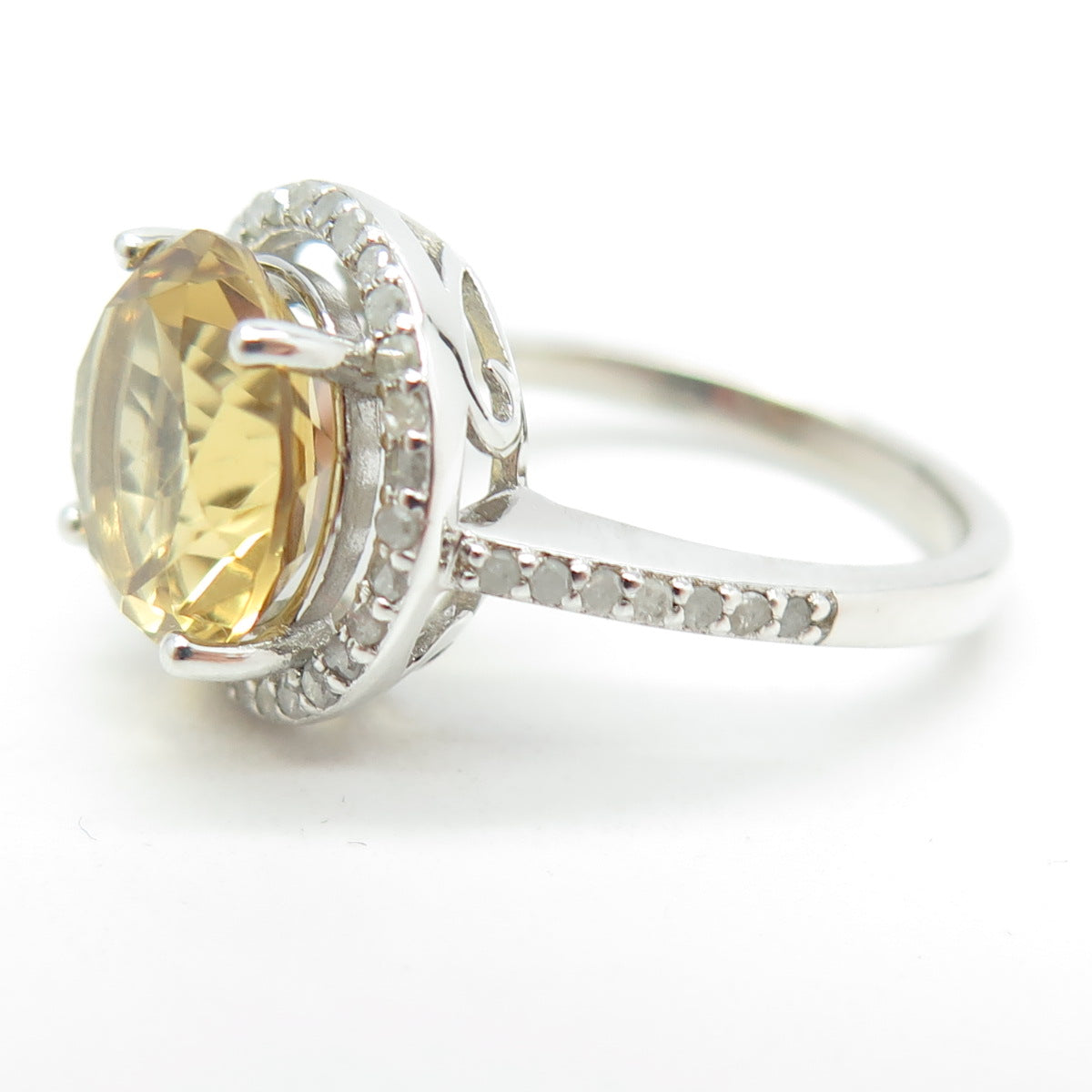 925 Sterling Silver Real Round-Cut Diamond & Citrine Engagement Ring Size 5