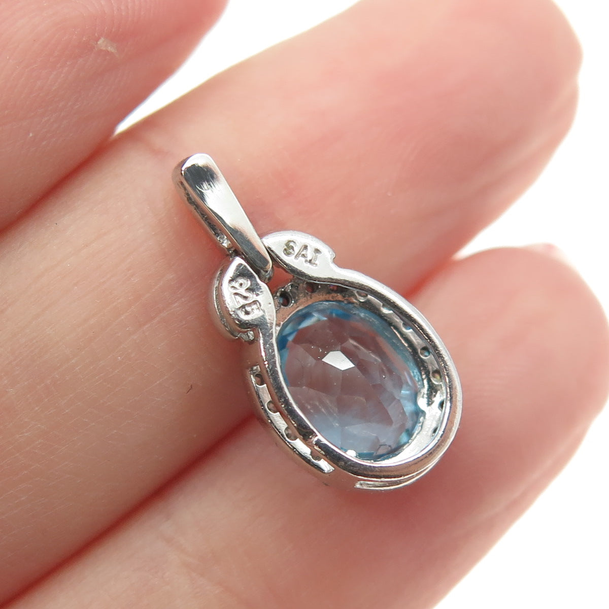 SAI 925 Sterling Silver Real Round-Cut Diamond & Oval-Cut Blue Topaz Pendant