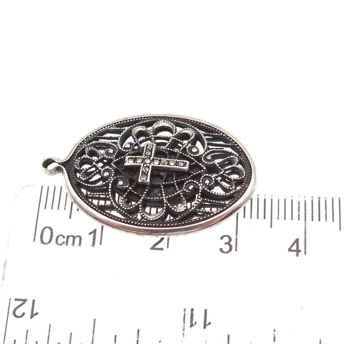 925 Sterling Silver Antique Art Deco Real Marcasite Cross Filigree Charm Pendant