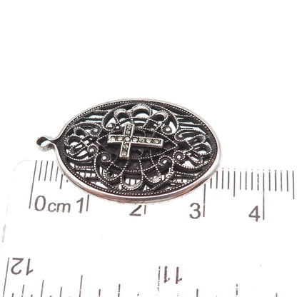 925 Sterling Silver Antique Art Deco Real Marcasite Cross Filigree Charm Pendant