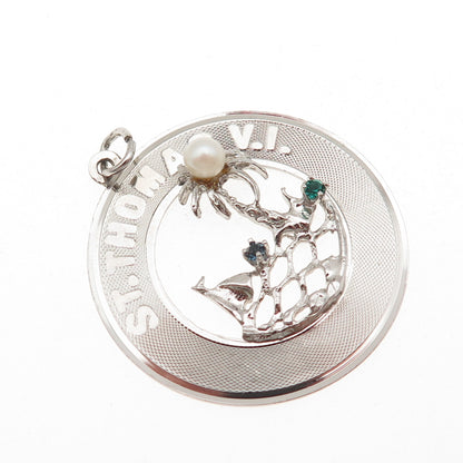 925 Sterling Silver Vintage Real Pearl & Rhinestone St. Thomas VI Charm Pendant