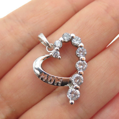 925 Sterling Silver Graduated Round-Cut C Z Mom Heart Mini Charm Pendant