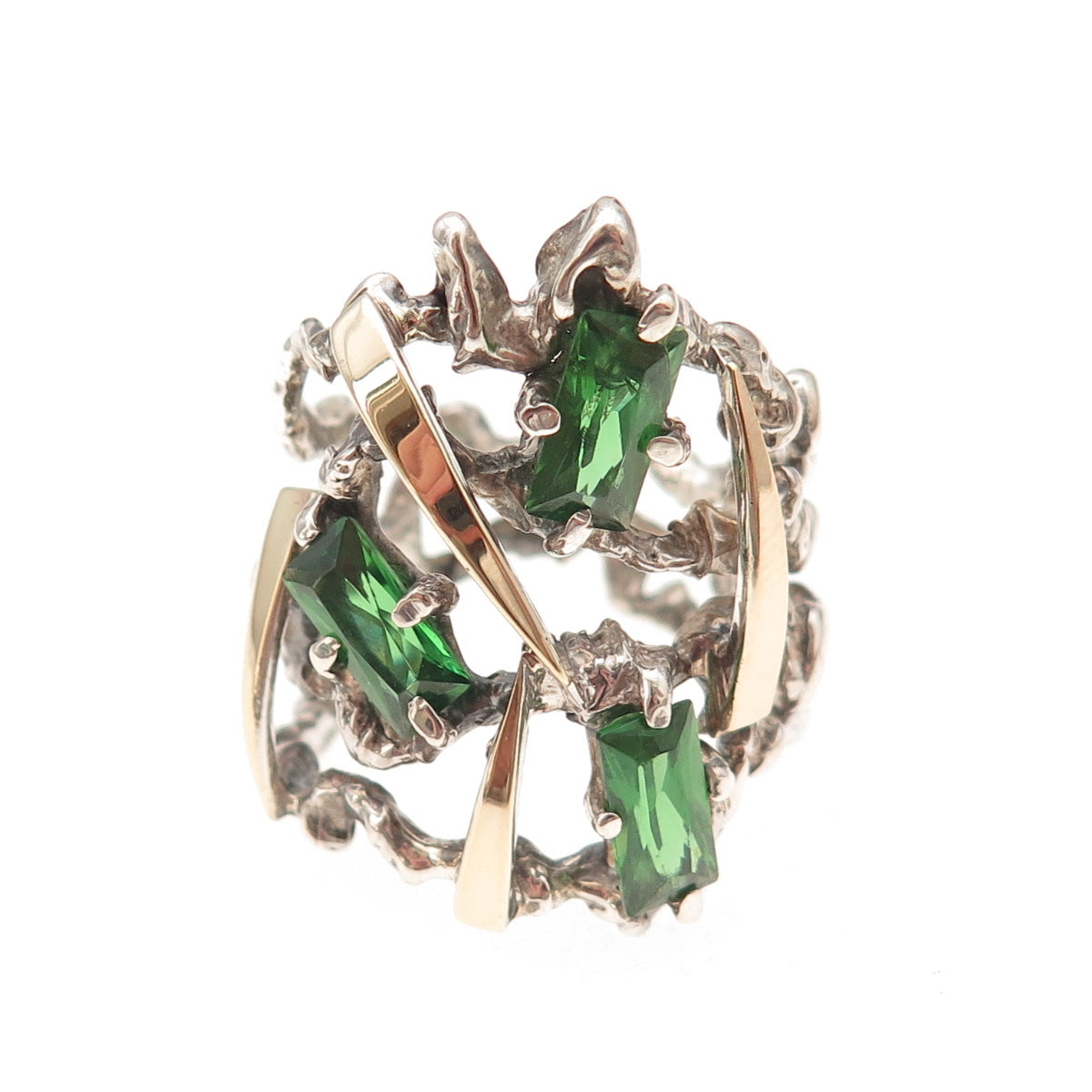 925 Sterling Silver Gold Accent Vintage Real Chrome Diopside Ring Size 8.5