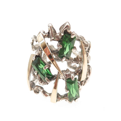 925 Sterling Silver Gold Accent Vintage Real Chrome Diopside Ring Size 8.5