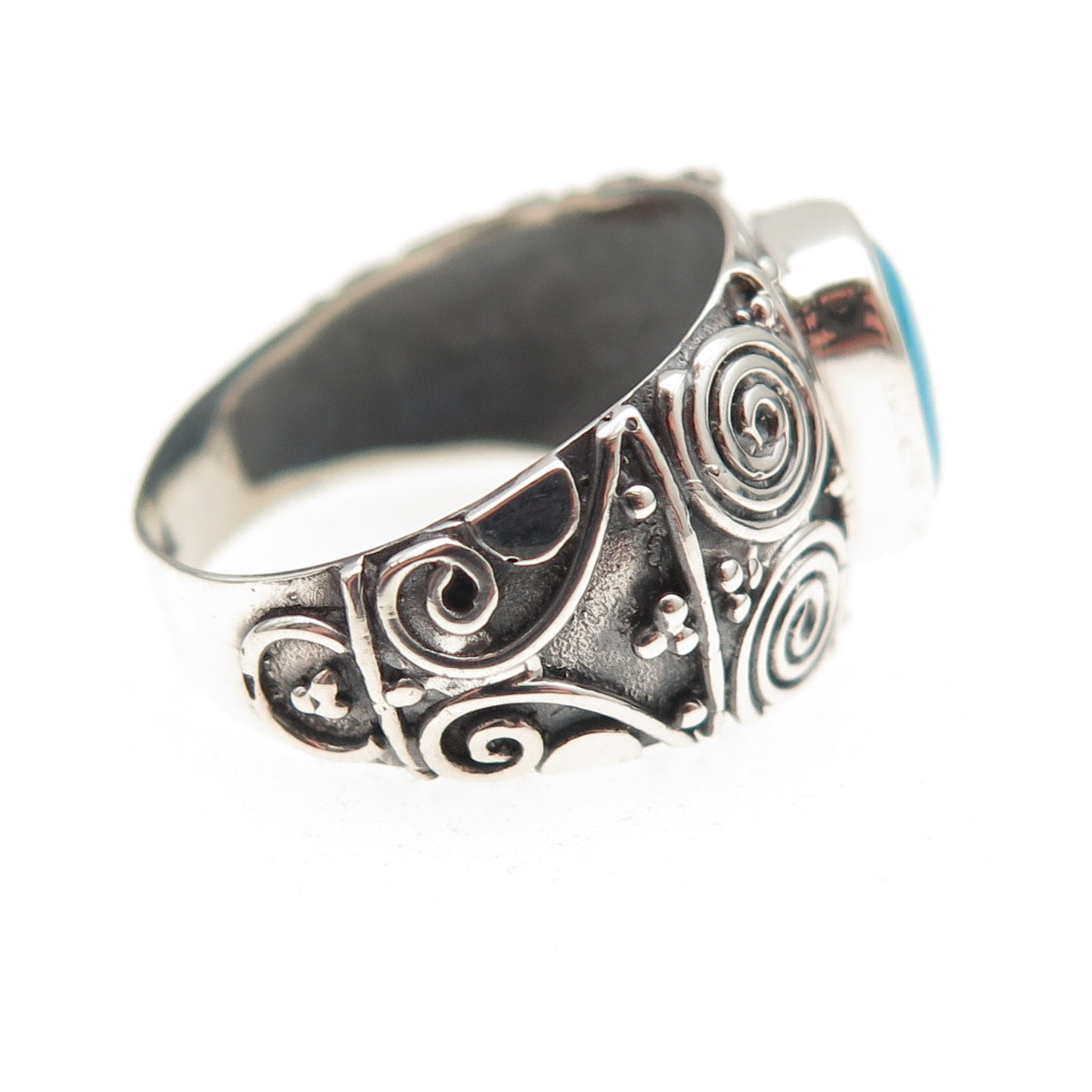 925 Sterling Silver Vintage Real Turquoise Spiral Oxidized Ring Size 6.75