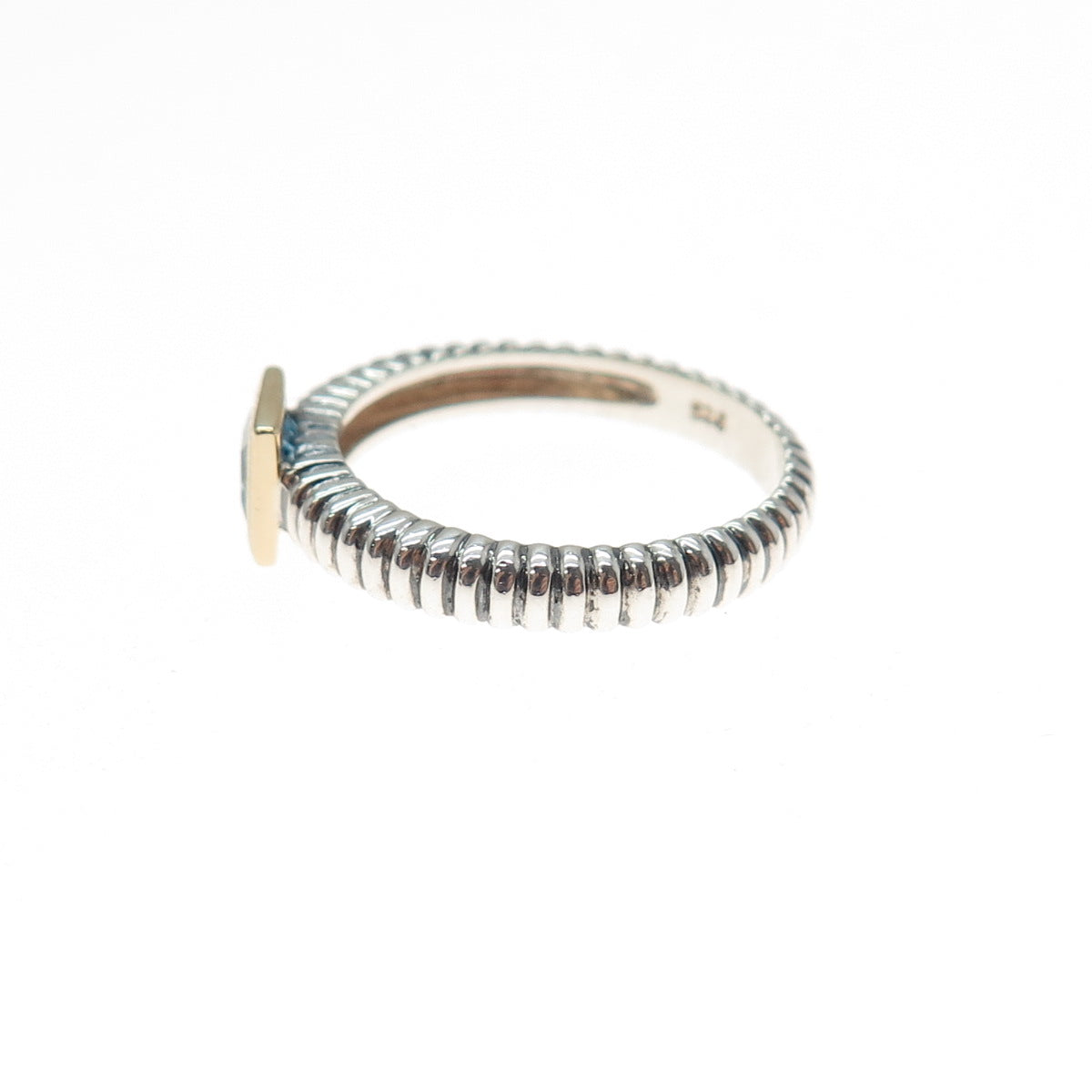 14K Gold 925 Sterling Silver Vintage Real Princess-Cut Blue Topaz Ring Size 5.75