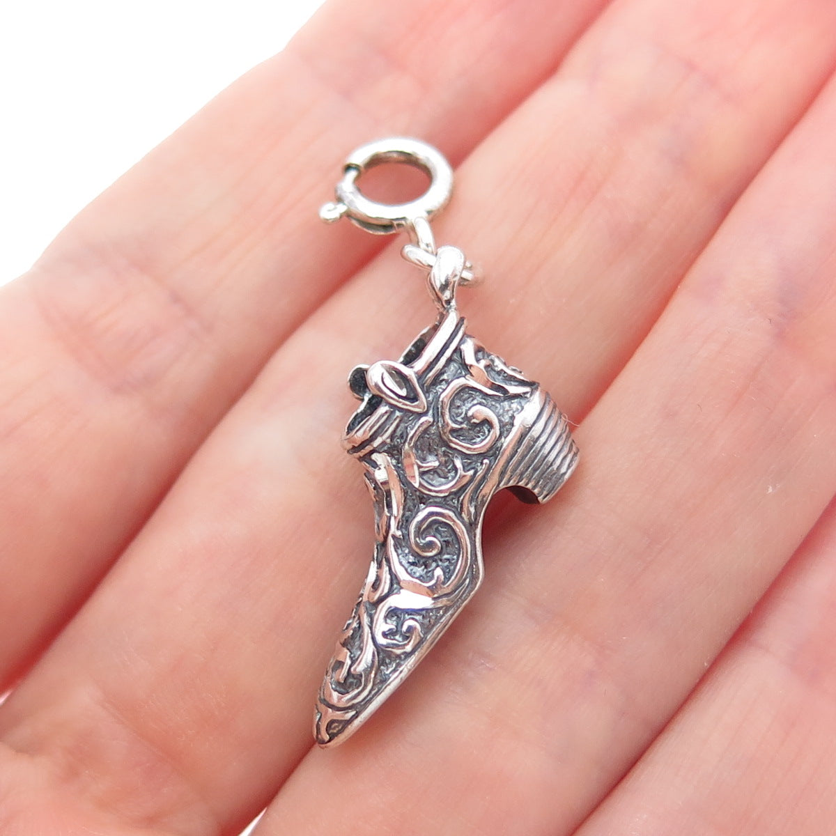 CAROLYN POLLACK 925 Sterling Silver Vintage Floral Shoe Spring Ring Lock Pendant
