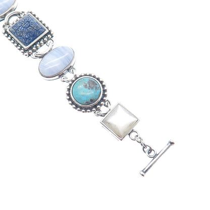 WHITNEY KELLY 925 Sterling Vintage Real Agate Lapis Turquoise MOP Bracelet 7.5"
