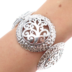 925 Sterling Silver Vintage Ornate Tree of Life Disc Link Bracelet 6.75"