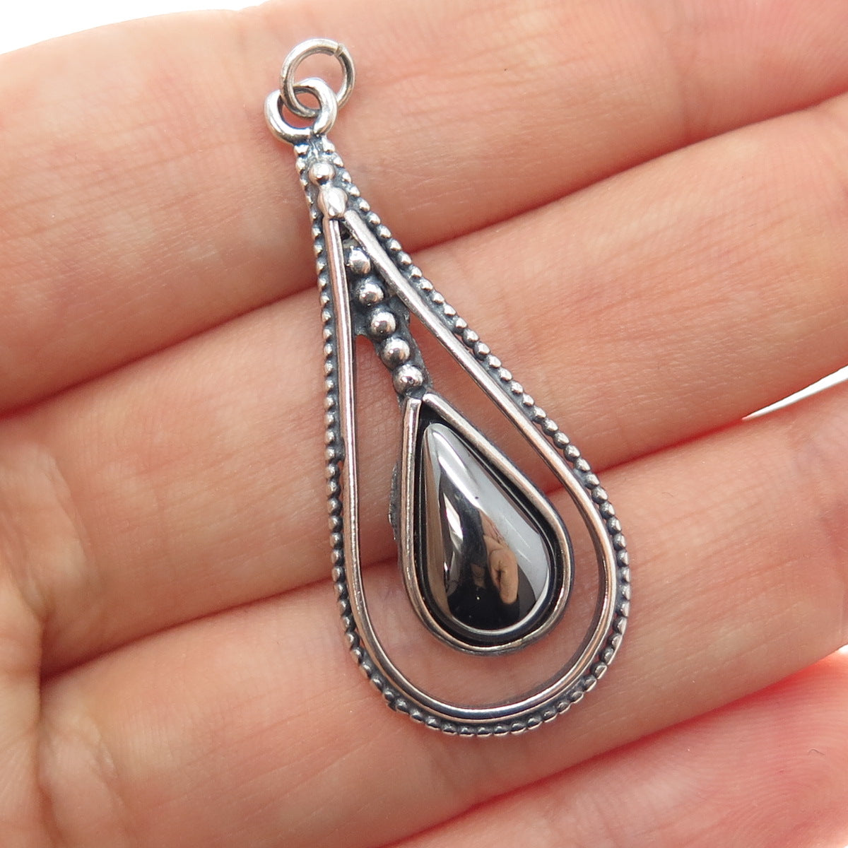 925 Sterling Silver Vintage Real Hematite Teardrop Oxidized Charm Pendant