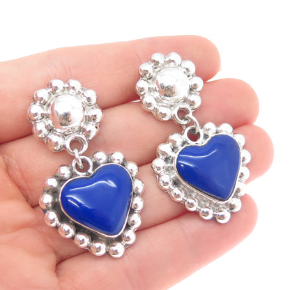 925 Sterling Silver Vintage Real Lapis Lazuli Heart Beaded Dangle Earrings
